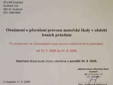 Oznámení o přerušení provozu MŠ